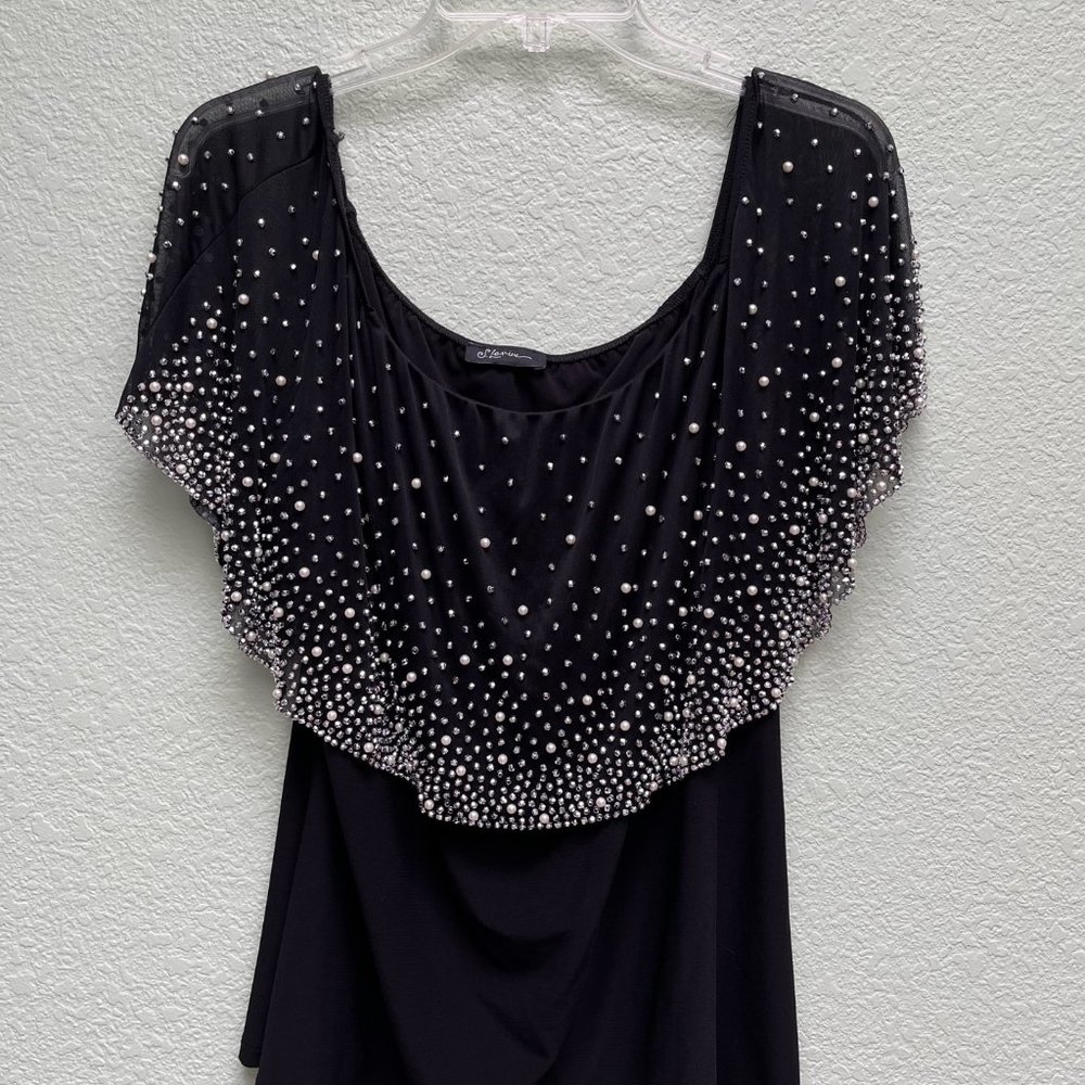 S Levine Women's Black top embellished white beads  size L